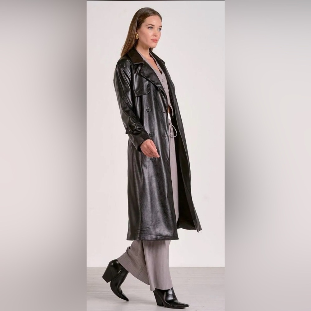 NWT Elan Black Faux Leather Belted Trench Coat Jacket – Size M